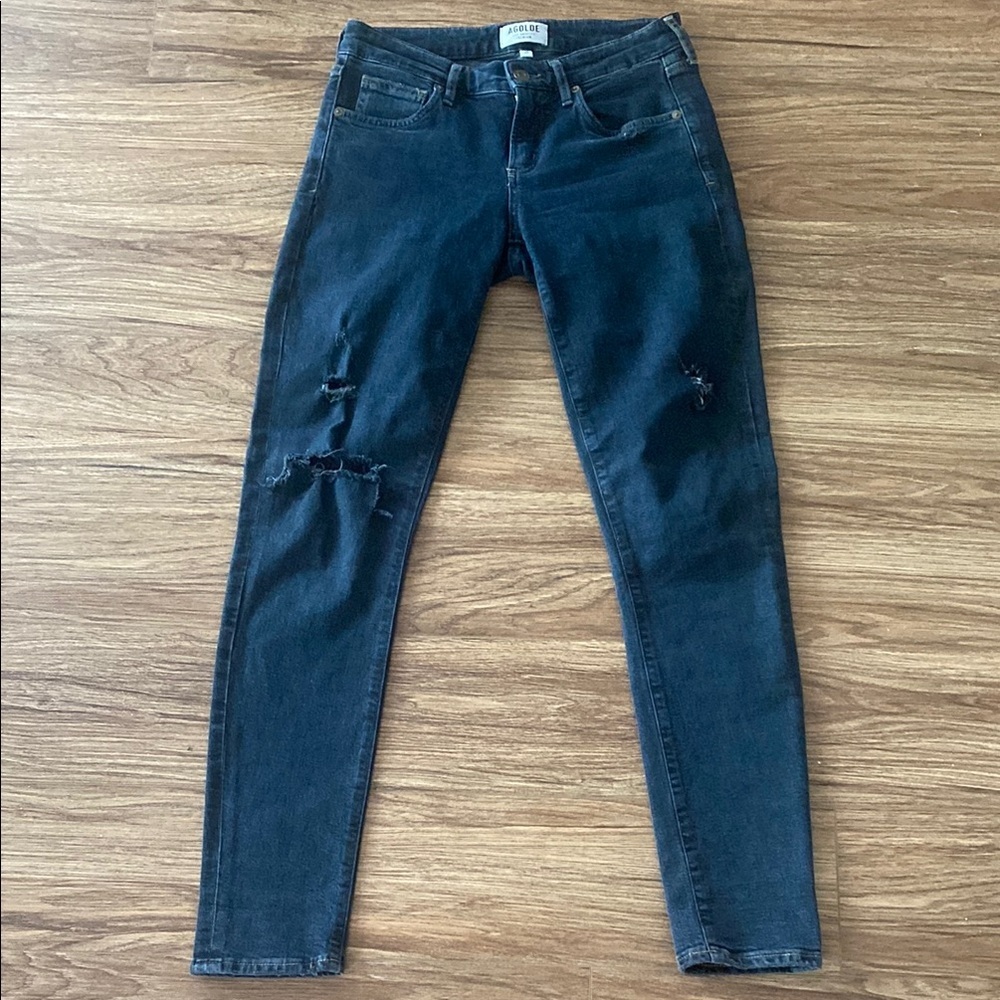 AGOLDE Dark skinny stretch distressed jeans size 26 mid rise. Busted knee